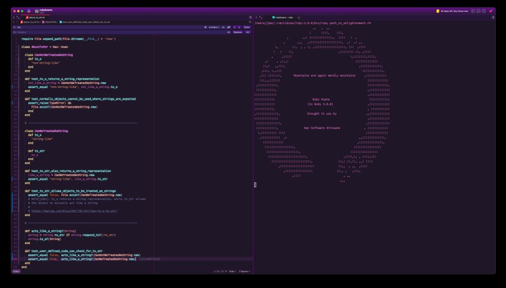 A screenshot of a code editor with a dark purple theme split into two panes. The left pane shows Ruby code from a Ruby Koans exercise. It defines two classes: CannotBeTreatedAsString and CanBeTreatedAsString, with methods to_s and to_str, and test methods to check how these objects behave when string representations are required. The right pane displays ASCII art in the shape of a circle with a quote in the center: “Mountains are again merely mountains,” along with “Ruby Koans (in Ruby 3.0.0)” and credits to “Neo Software Artisans.”