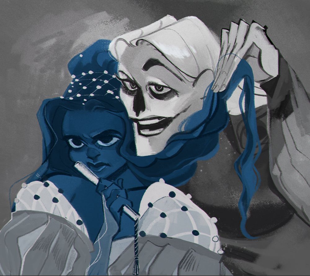 A blue women holding a fan to her face whilst her friend annoys her. 