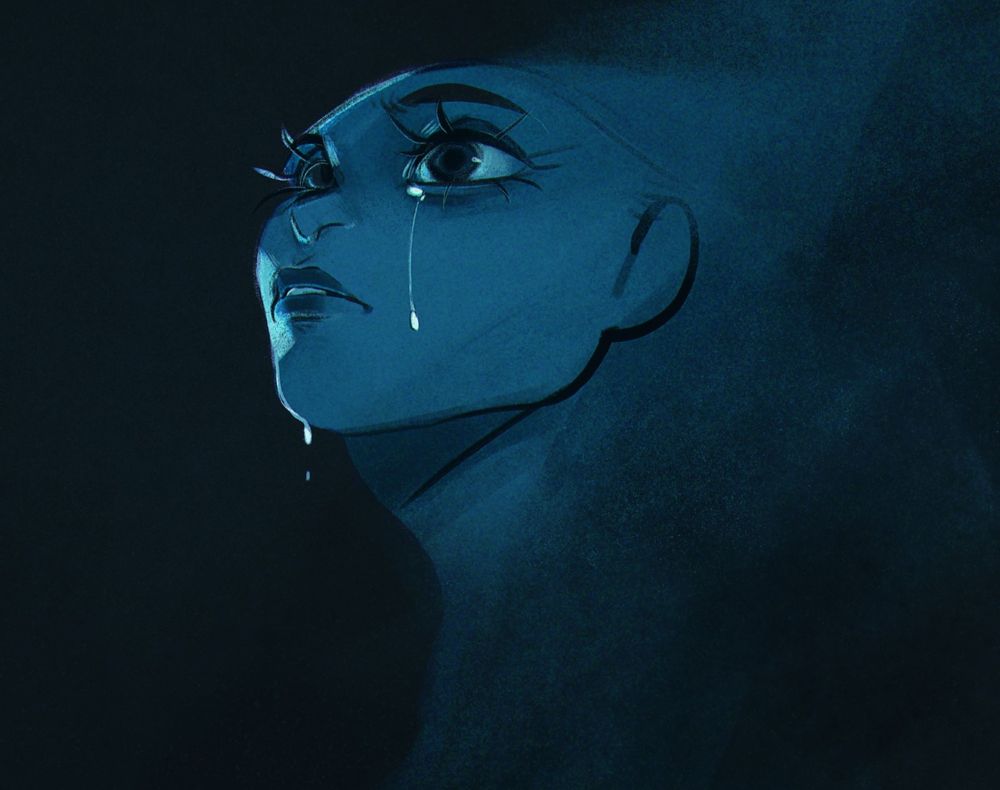 A sad blue woman's face. 