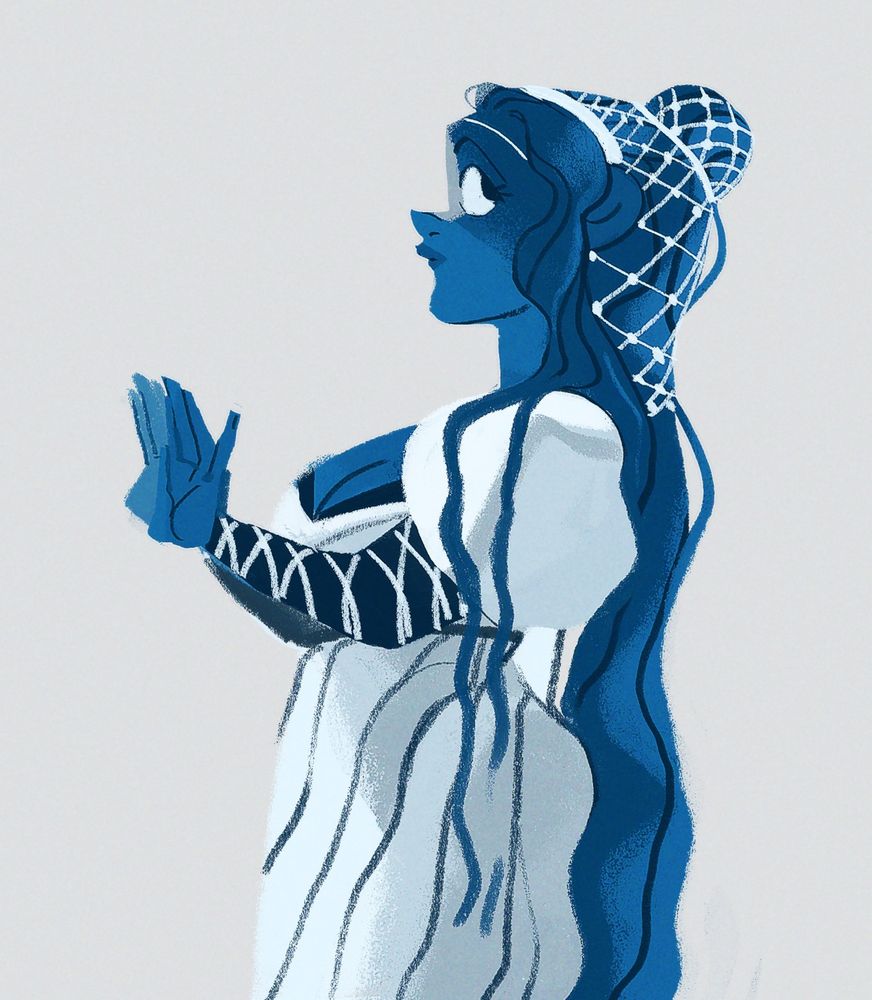 Blue woman is historical dress.