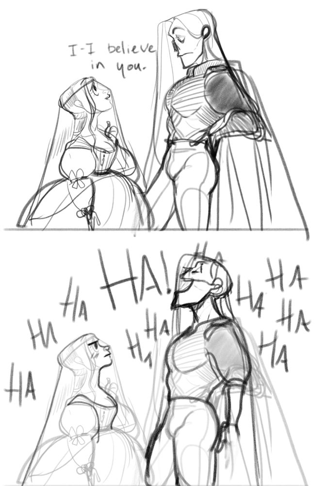 The woman tells a horrible skeleton that she believes in him. He laughs at her because he is a horrible skeleton.  