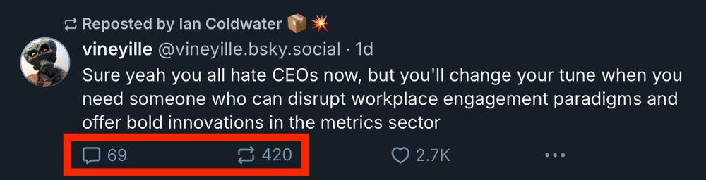 A screenshot of this post with a red box around the 69 replies and 420 reposts