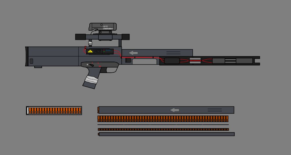 This is my favorite gun. As practical as it should get. Really, it should be given to special units like KSK or GSG 9 as specialized rifle for specialist.

This G11 is a custom built, customized, experimentalized version using captured FNIX tech and Swedish FOA's brightest mind.

(I forced them to do it for me, lol) ((joke, joke))
Installing electromagnetic accelerator around the lengthened, heavy barrel to boost the projectile's velocity even faster before leaving the barrel. 2 high-effiency batteries with control unit connected to make sure the device doesn't overcharge.
Mounted on the 1x powered scope is a good old iMatronic LS45 Laser Sight, if aiming down sight is not cool enough; just like 1980s action heroes or similar to a certain cybernetic organism from the future.
The gun use 4.73x33mm caseless ammunition. Resulting in a smaller ammo size for a long "stick" magazine, which came in 40 and 50 round capacity versions.

The trade-off for this experimental enhancement is that they have to remove the auto sear out of the gun, removing full automatic capability. Because sustained fire could overheat the device and break it, rendering it useless. Or could be worse for the shooter.

Heckler & Koch made the gun. You should know by now.
Generation Zero by Systemic Reaction

PS. Bring. This. Gun. Back. H&K.