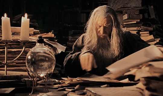 Gandalf reading primary sources in the library of Minas Tirith for 17 years until he discovers a secret that can identify the One Ring.