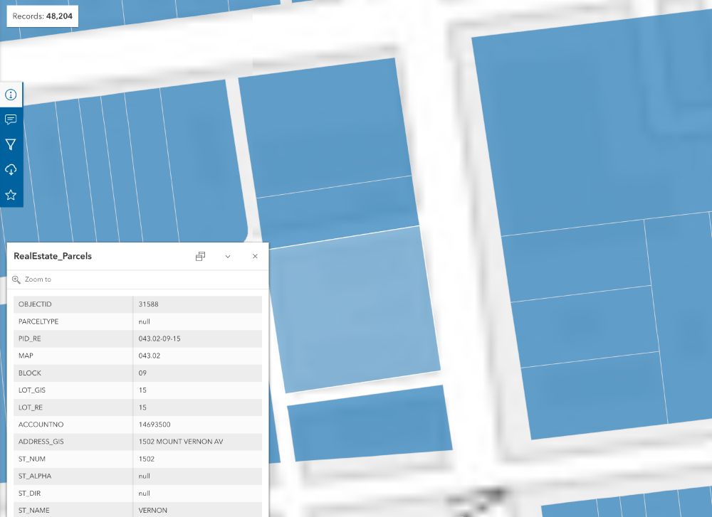 City GIS data on a map. Highlighted is 1502 Mount Vernon Ave.