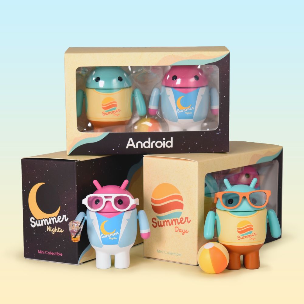Android Summer Days & Summer Nights 3" vinyl collectible figures in front of their boxes