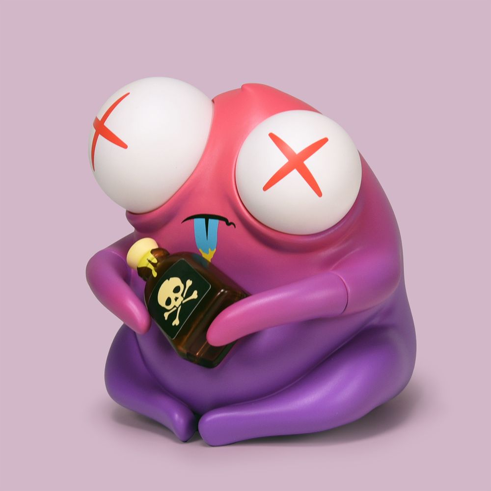 Poison Testing Dept. bio-unit round monster with pink and purple fade, bug X eyes and holding a bottle of poison. Vinyl figure set by Andrew Bell