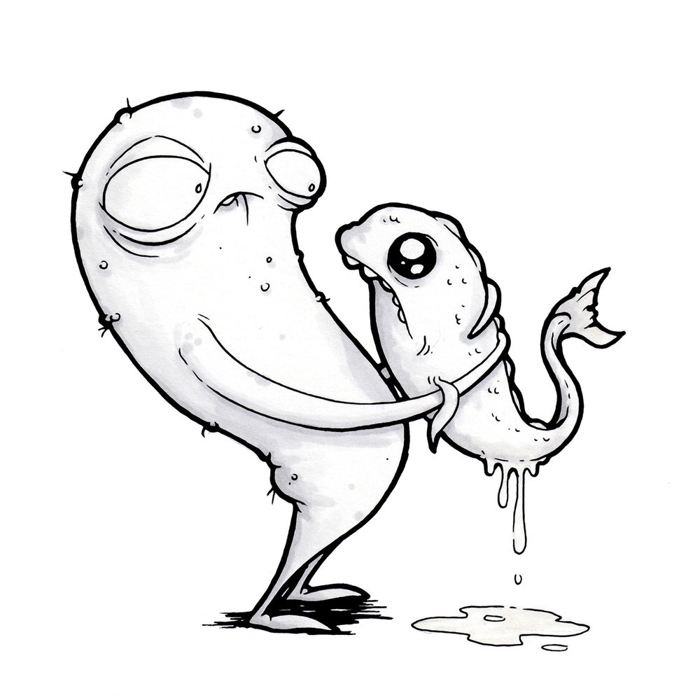 A creature with long arms holds a dripping fish creature, they look at each other dubiously. Greyscale shaded ink illustration by Andrew Bell