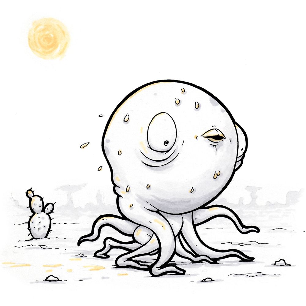 black, white and yellow shaded drawing showing an octopus like-creature sweating while walking through the desert as the sun beats down, artwork by Andrew Bell
