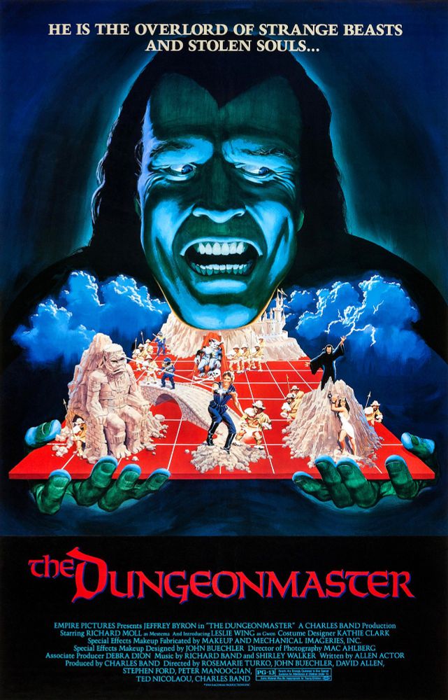 Movie poster for the Dungeonmaster featuring a giant blue Richard Moll head