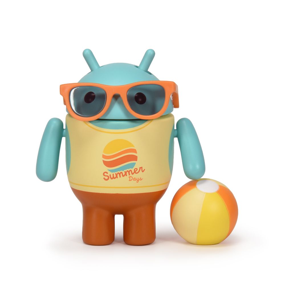 Android Summer Days vinyl collectible figure, teal color bot with orange sunglasses