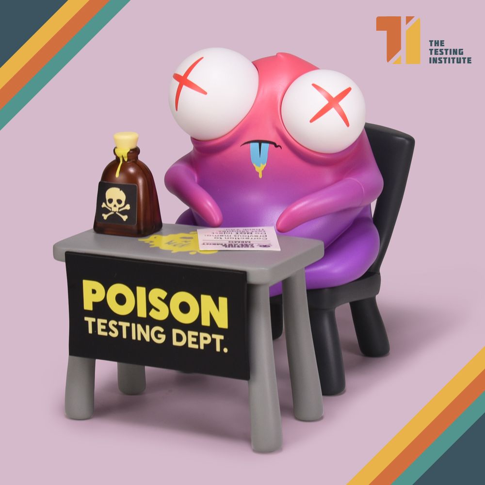 Poison Testing Dept. monster with pink and purple fade, bug X eyes and holding a bottle of poison sitting behind a table with Poison Testing Dept sign. Vinyl figure set by Andrew Bell