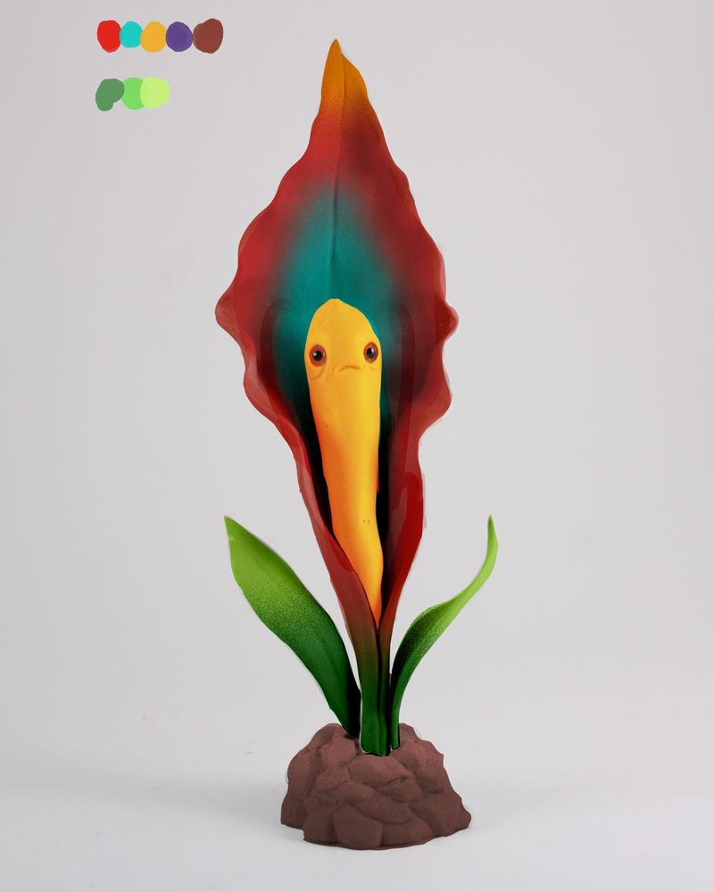 Photo of a digital color mockup of an orange and red Bloom Blight sculpture of a flowering plant with green leaves and brown base, by Andrew Bell