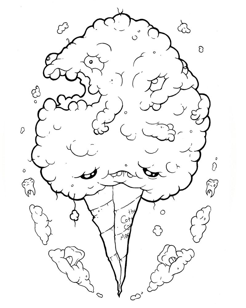 Rotten Candy Bros inked art of fluffy cotton candy monsters in a paper cone with teeth and floss around the border