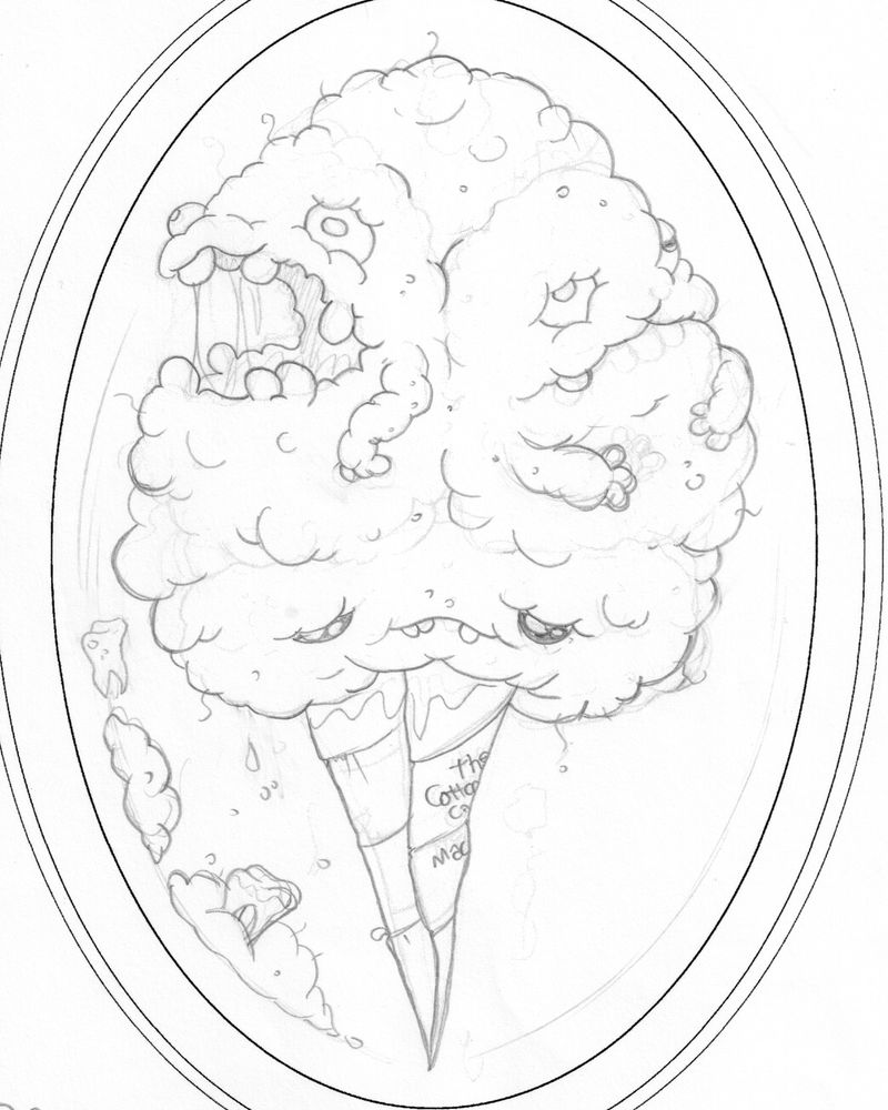 Rotten Candy Bros sketch art of fluffy cotton candy monsters in a paper cone with teeth and floss around the border