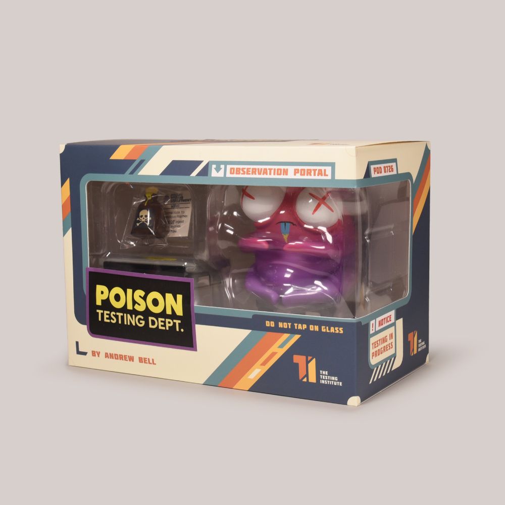 Poison Testing Dept. monster in windowed box packaging. Vinyl figure set by Andrew Bell