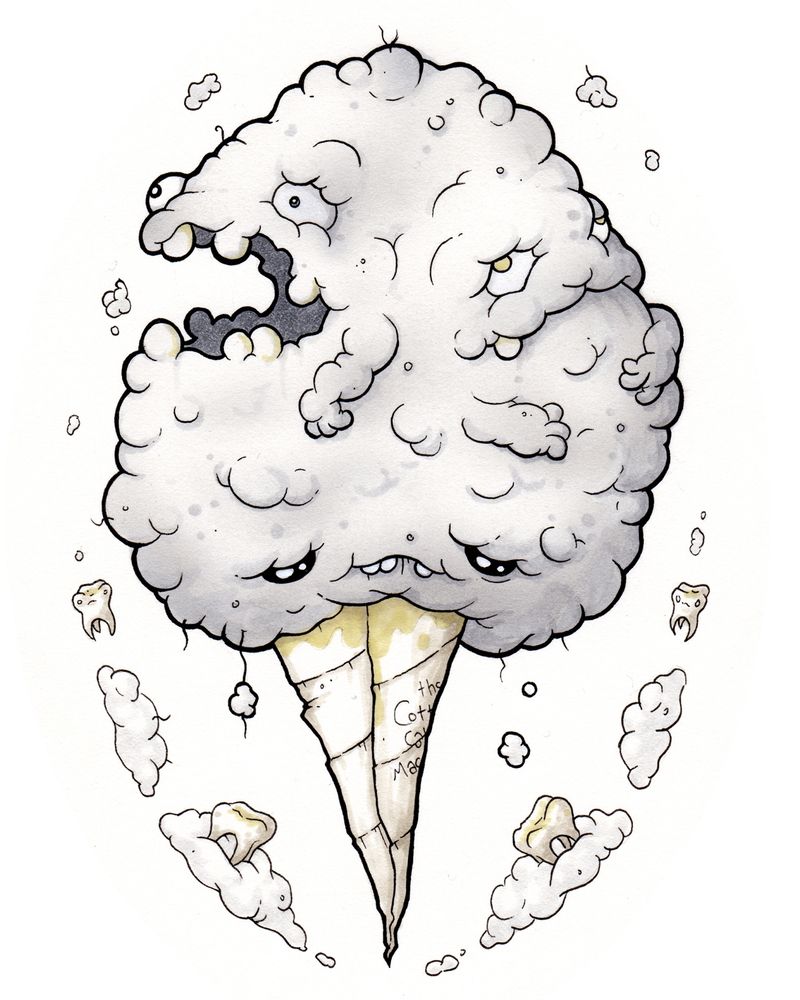 Rotten Candy Bros finished shaded art of fluffy cotton candy monsters in a paper cone with teeth and floss around the border, by Andrew Bell