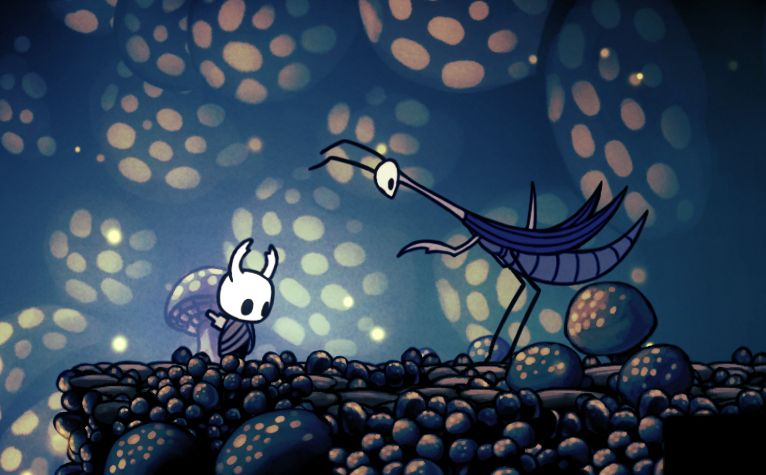 The Knight from Hallow Knight Bowing to a mantis that is also bowing 