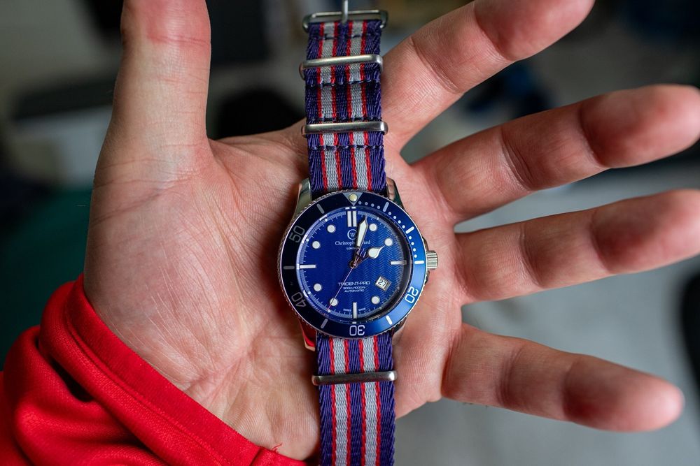 Christopher Ward C60 FLE watch in th palm of my spread out hand