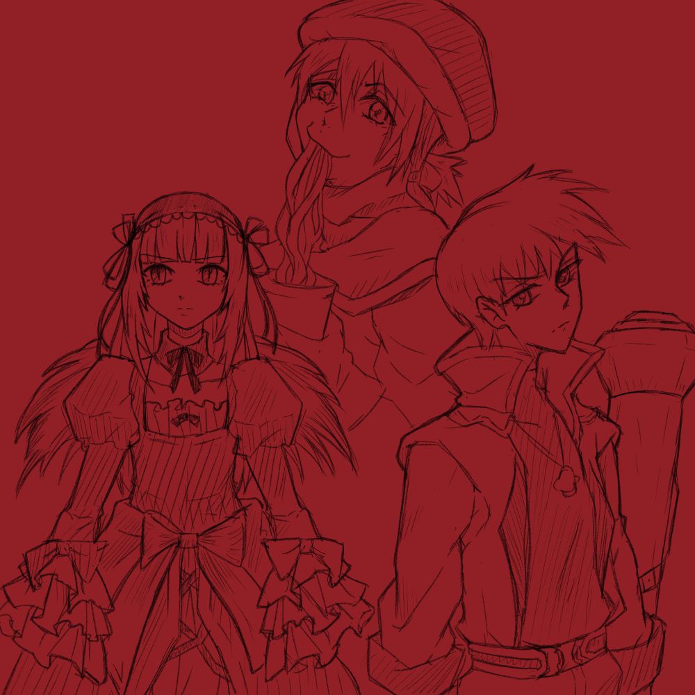 A sketch compilation of Suiginto from Rozen Maiden, Haruko Haruhara from FLCL and a Yu-Gi-Oh! OC drawn on one canvas. 