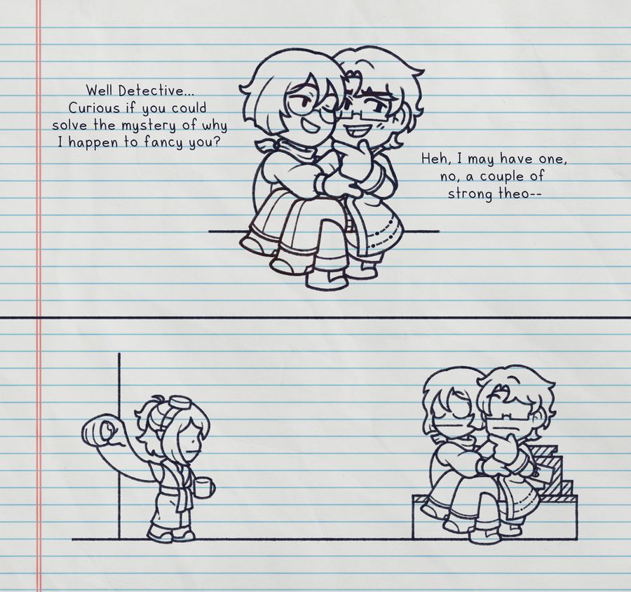 Jasper and Mihne flirting on a shop counter, abruptly cutting off when their boss walks in.