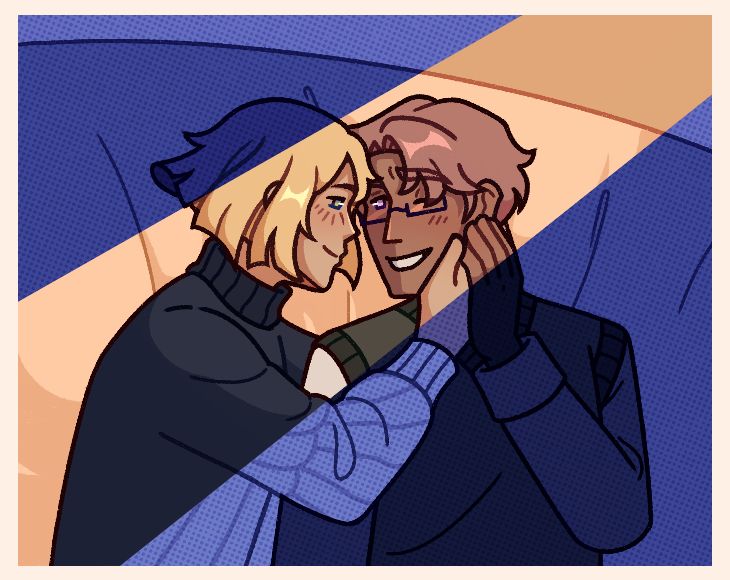 Jasper and Mihne lying down, a beam of light shining through the dark. Mihne caresses Jasper's face, staring at him lovingly.