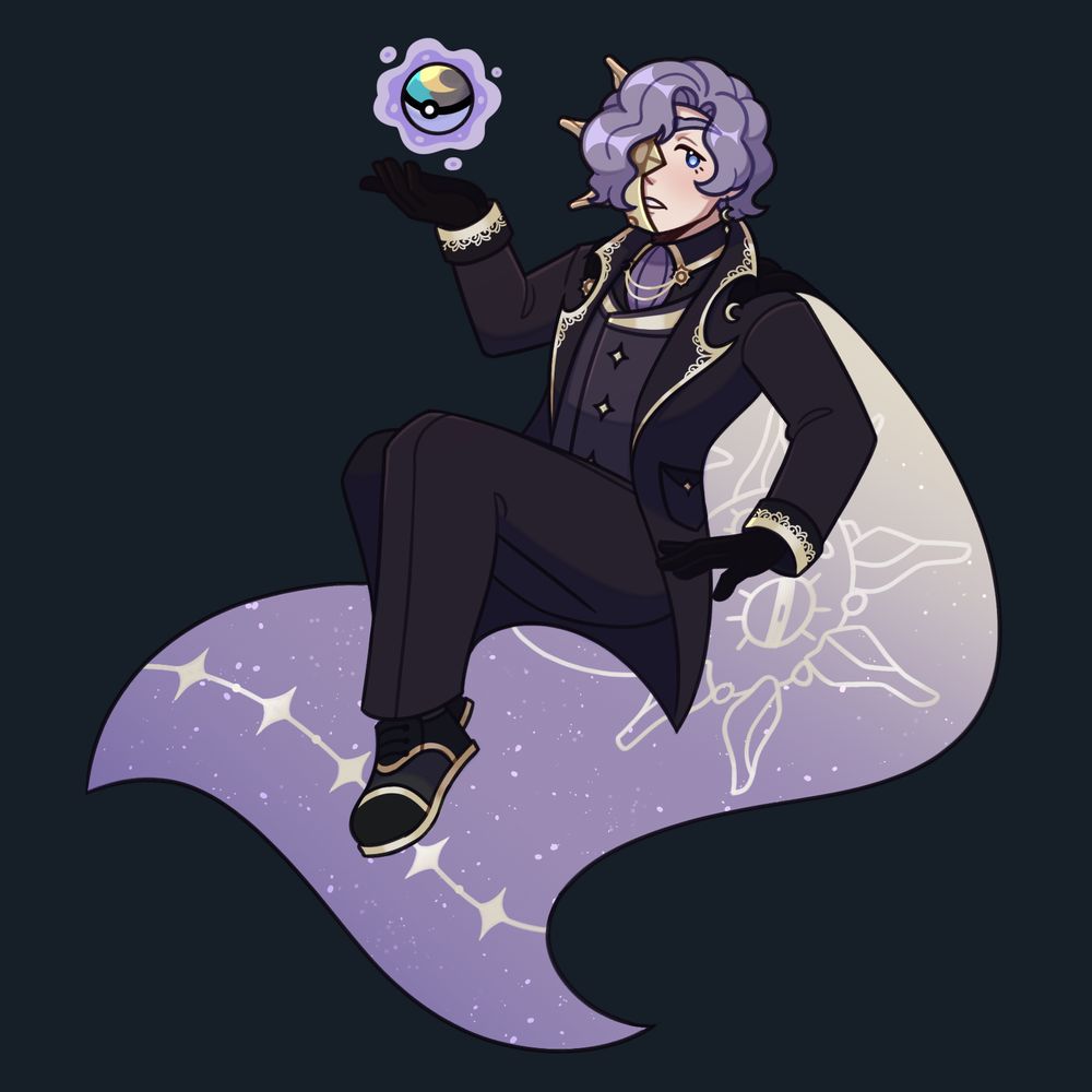 Benjamin in his contest outfit floating. A moon ball hovers over his hand.