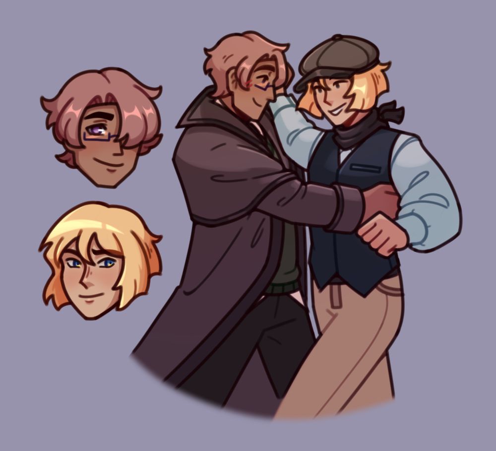 Jasper and Mihne headshots and the two of them dancing. Mihne has a larger grin on their face.