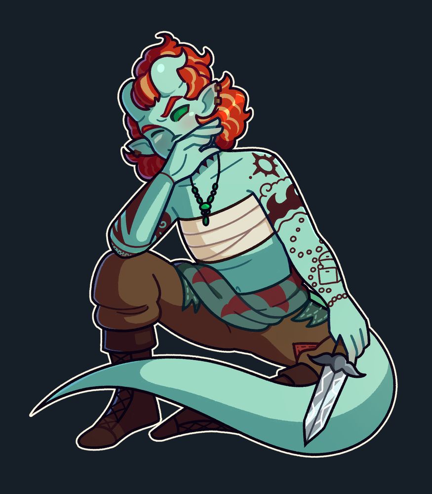 Afza sitting and holding a dagger 