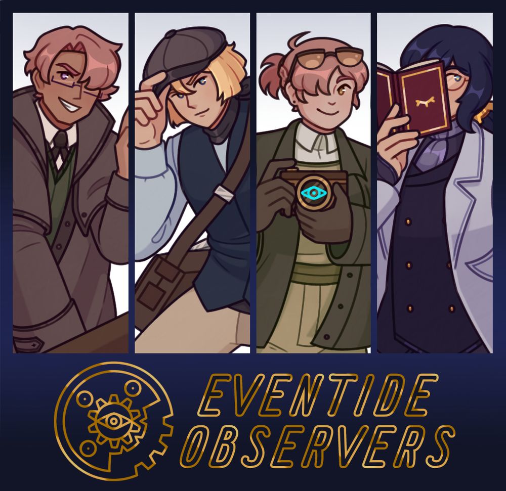 Banner art and logo for Eventide Observers, set in an AA cover format. The logo is a gear-like symbol with an eye. Four of the main characters (Jasper, Mihne, Lunede, Elis) are framed.