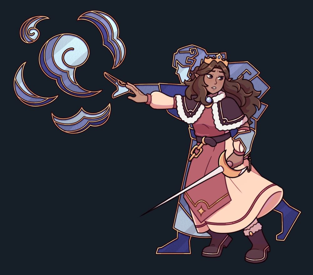 Araceli with her right arm raised and looking back. A stained glass silhouette behind her has a similar pose, looking forward and magic from her fingertips. 