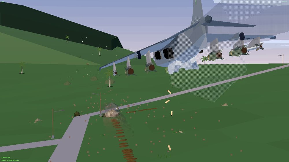 Screenshot from Tiny Combat Arena. An AV8B strafes some tanks on the ground. Dirt is flying everywhere from the explosions and empty shells rain from the plane's gun.