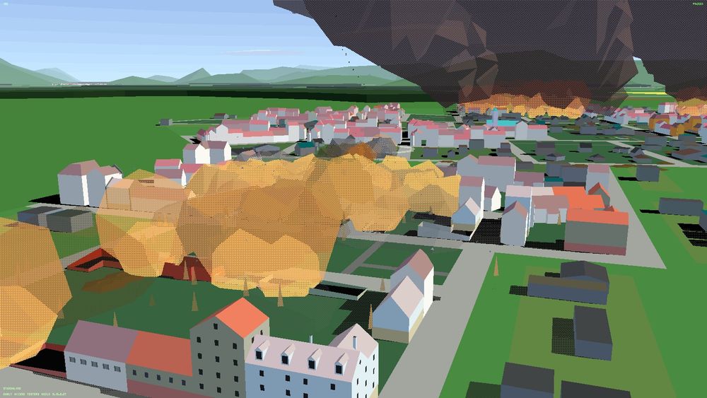 A bunch of buildings in the new map of Tiny Combat Arena being destroyed.