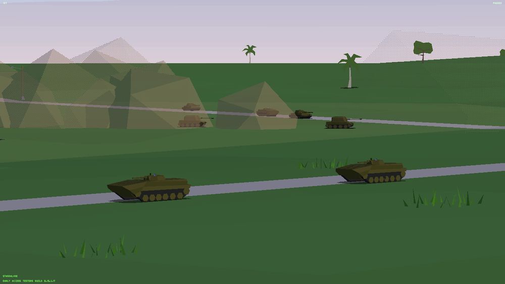Screenshot from Tiny Combat Arena featuring BMP-1s, ZSU-57-2s, and T-62s driving down a road.