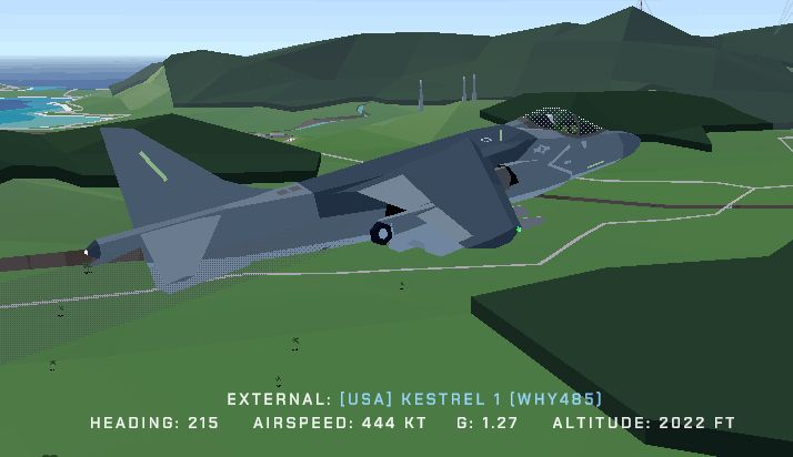 Screenshot from Tiny Combat Arena showing the AV8B flying above an island. The info bar at the bottom of the screen reads
HEADING: 215 AIRSPEED: 444 KT G: 1.27 ALTITUDE 2022 FT