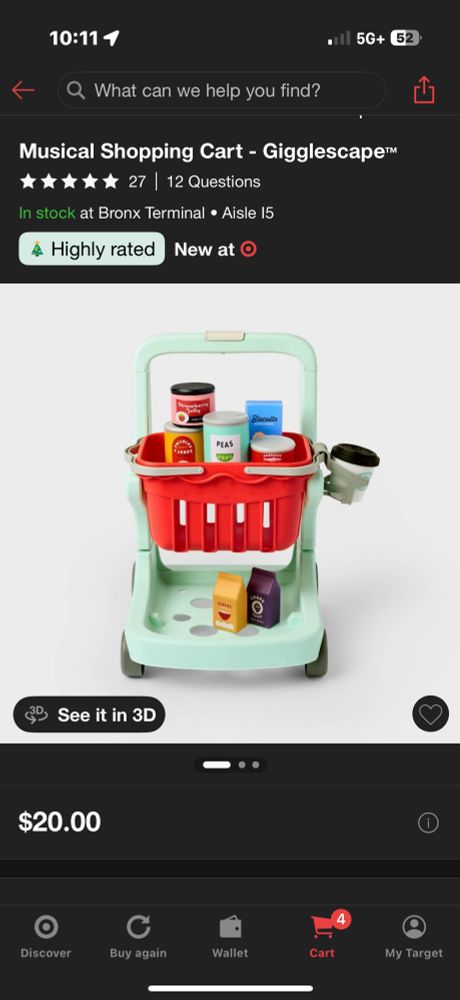 Musical Shopping Cart. It’s tiny and adorable and he happily pushed it around Target with us for 30 minutes today.