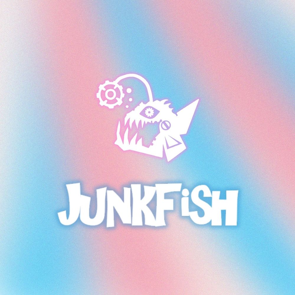 Logo of "Junkfish" featuring a stylized fish with a gear, set against a soft pink and blue gradient background.