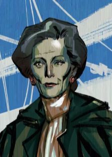 A stylized illustration of a Joyce Messier from  Disco Elysium wearing a dark coat and white blouse, set against a vibrant blue background.