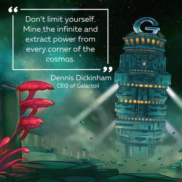 Futuristic tower amidst alien flora with a quote by Dennis Dickinham, CEO of Galactoil the main protagonist from the game Attack of the earthlings.
The quote says "Don't limit yourself. Mine the infinite and extract power from every corner of the cosmos"