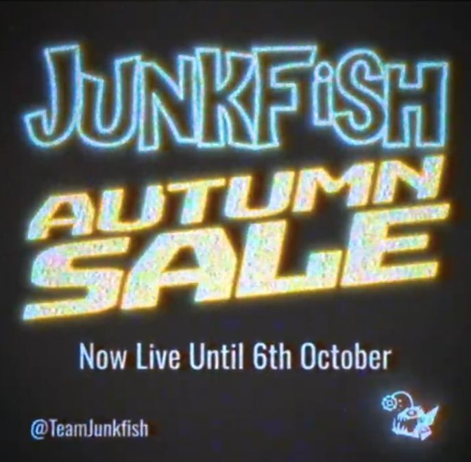 Text announcement for Junkfish's Autumn Sale, highlighting dates and social media handle, set against a dark background.