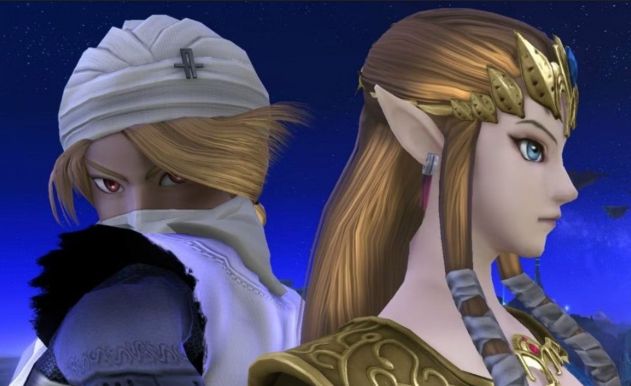 Sheik and Princess Zelda from The Legend of Zelda: Ocarina of Time stand back-to-back against a starry night sky, showcasing elaborate costumes and distinct hairstyles.