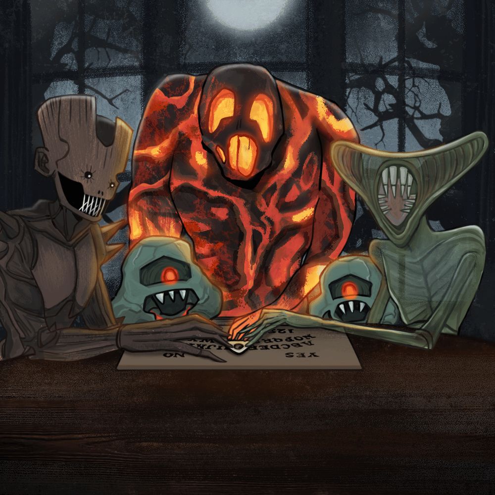 A dark room filled by a group of Team Junkfish game characters gathered around a table with an Ouija board. Behind them moonlight shines through the window highlighting dark spooky tree shadows. 