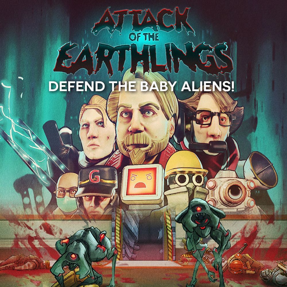 Colourful artwork features playful alien creatures and robots, set against a vibrant, retro video game backdrop titled "Attack of the Earthlings."