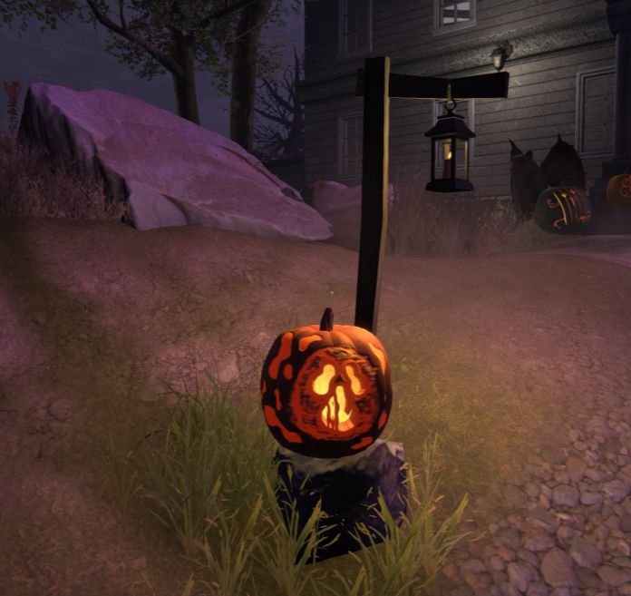 The Brute pumpkin sitting on a small stone beside a tall wooden lantern. A large rock and dark grey house loom in the background