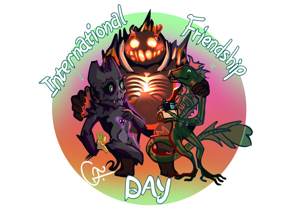 Whimsical drawing of the three monsters from Monstrum celebrating International Friendship Day, surrounded by a colourful glow and the text "Friendship Day."