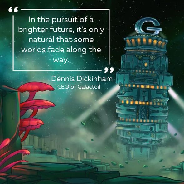 Futuristic tower amidst alien flora with a quote by Dennis Dickinham, CEO of Galactoil the main protagonist from the game Attack of the earthlings.
The quote says "In the pursuit of a brighter future, it's only natural that some worlds fade along the way"