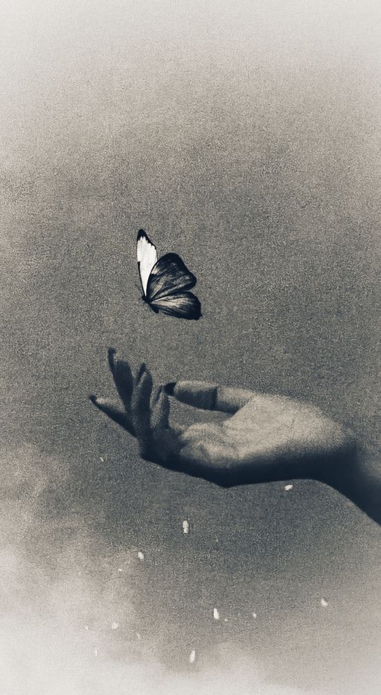 A woman's hand, she lets go of a butterfly 