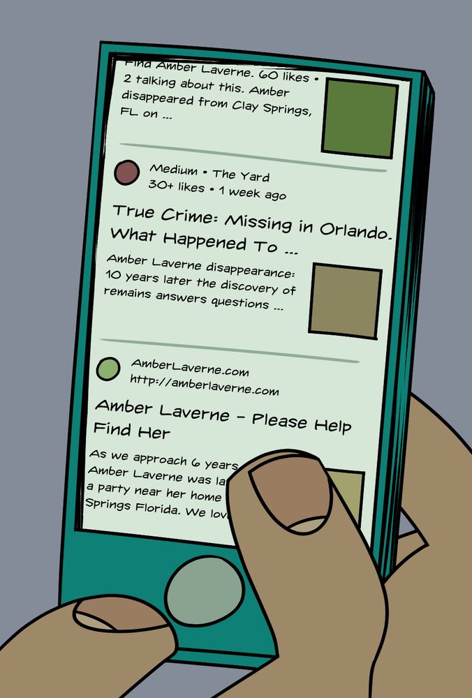 Panel from Hole of Jane scrolling on her phone in closeup. On the screen are multiple search engine results of true crime and missing persons-style articles about Amber's disappearance.