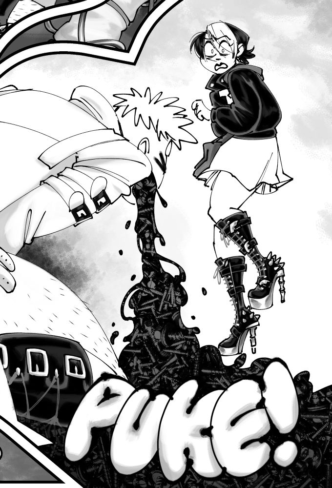 Panel of the main character of Ironscrote doubled over and clutching their crotch while they vomit gooey wads of nuts and bolts. In the background the cis girl character looks really offput by this development.