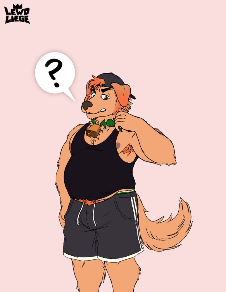 A stocky/chubby golden retriever-looking anthro stands, center frame, looking confused. He's wearing a black tank top, dark gray gym shorts, and a backwards cap. His belly is hanging out a bit, revealing a tuft of happy trail fur. His underwear, a green jockstrap, is slightly visible. His paw is tugging on a green collar he's wearing, which has a golden cowbell at the front.
#Kingart